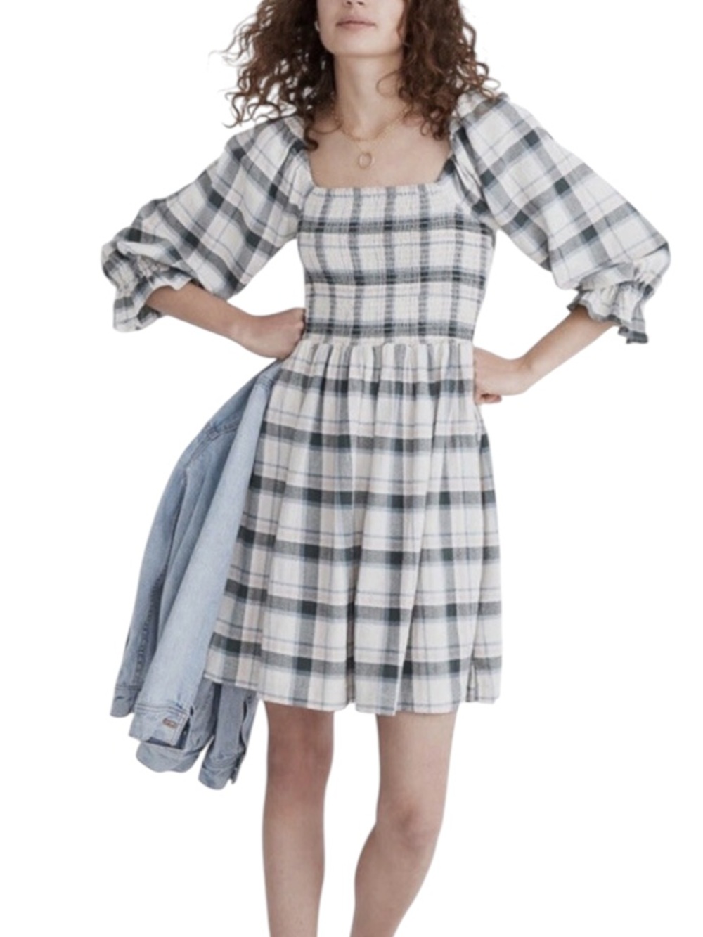 Madewell Smocked Puff-Sleeve Mini Dress in Cream and Grey Plaid